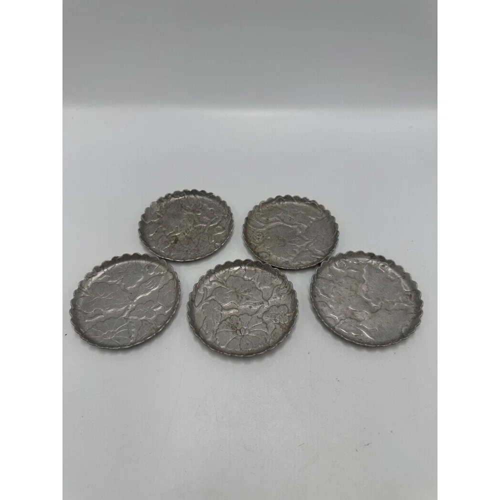 Vintage Embossed Floral Metal Coasters Scalloped Edge Set of 5 Silver Tone 3in